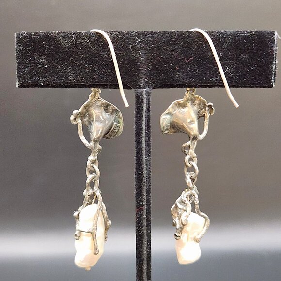 Freshwater Pearl Artsy Lily Bloom Drop Earrings 925 Silver - Picture 5 of 5
